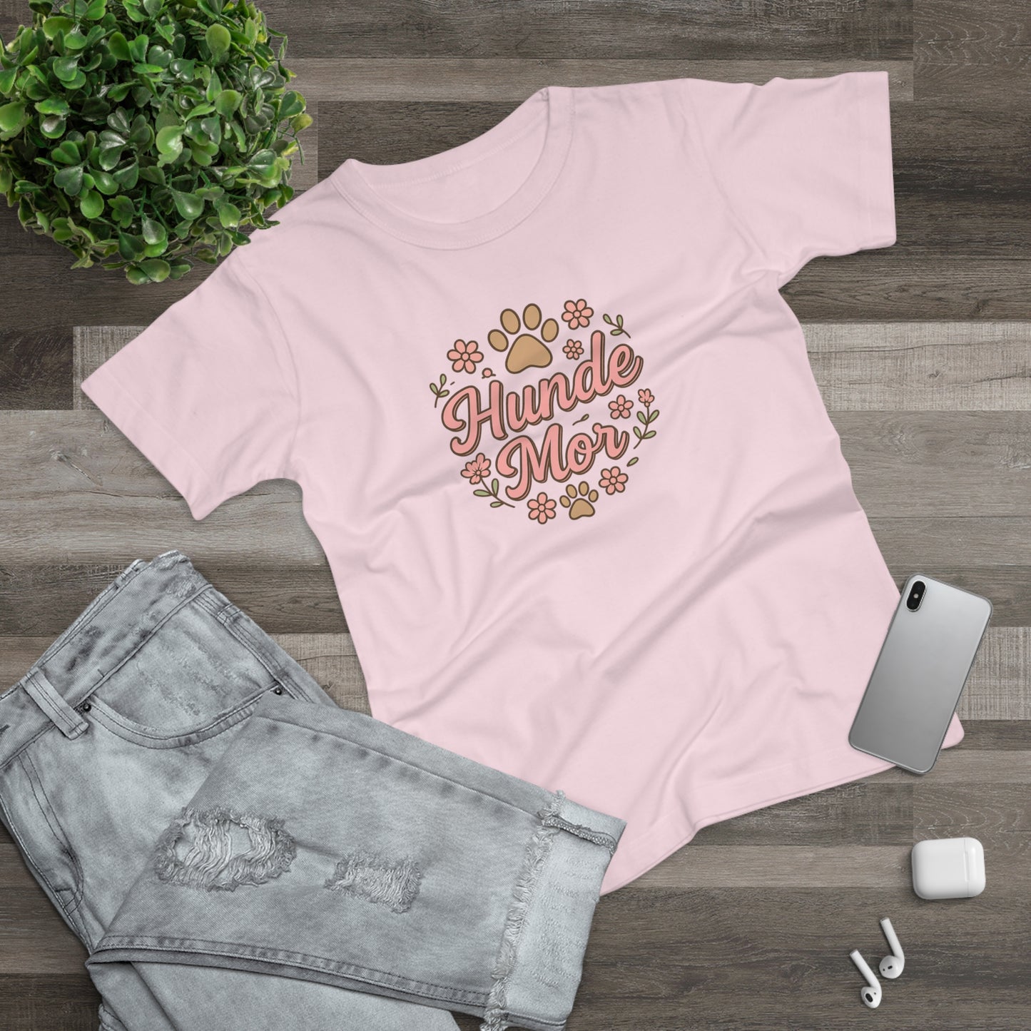 Hunde Mor T-shirt – Sødt design med poteaftryk og blomster