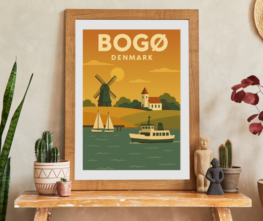 Bogø Danmark Plakat – Retro Vægkunst med Kystidyl, Vindmølle og Hjemlig Hygge