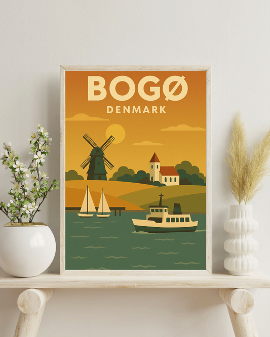 Bogø Danmark Plakat – Retro Vægkunst med Kystidyl, Vindmølle og Hjemlig Hygge